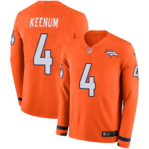 Personalized Broncos #4 Case Keenum Orange Team Color Men’s Stitched NFL Limited Therma Long Sleeve Jersey