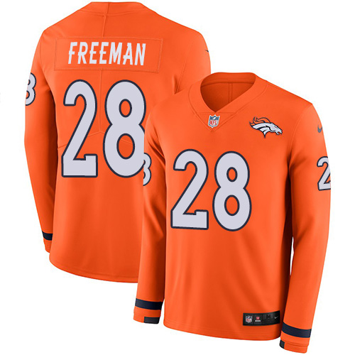 Personalized Broncos #28 Royce Freeman Orange Team Color Men’s Stitched NFL Limited Therma Long Sleeve Jersey