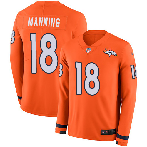 Personalized Broncos #18 Peyton Manning Orange Team Color Men’s Stitched NFL Limited Therma Long Sleeve Jersey