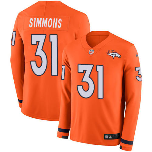 Personalized Broncos #31 Justin Simmons Orange Team Color Men’s Stitched NFL Limited Therma Long Sleeve Jersey
