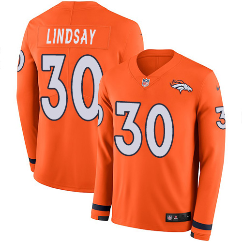 Personalized Broncos #30 Phillip Lindsay Orange Team Color Men’s Stitched NFL Limited Therma Long Sleeve Jersey