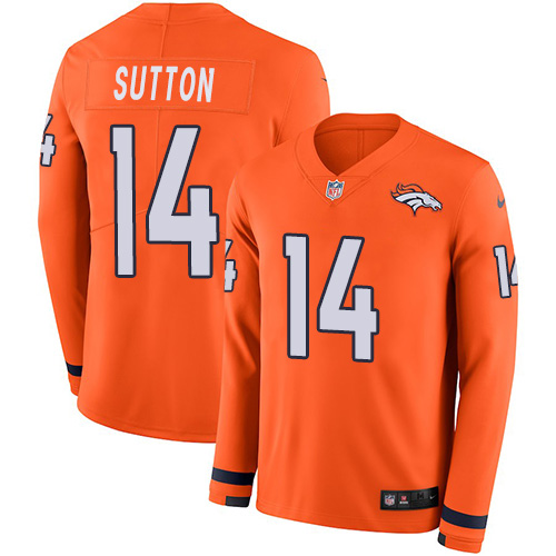 Personalized Broncos #14 Courtland Sutton Orange Team Color Men’s Stitched NFL Limited Therma Long Sleeve Jersey