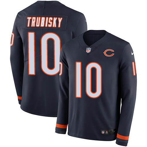 Personalized Bears #10 Mitchell Trubisky Navy Blue Team Color Men’s Stitched NFL Limited Therma Long Sleeve Jersey