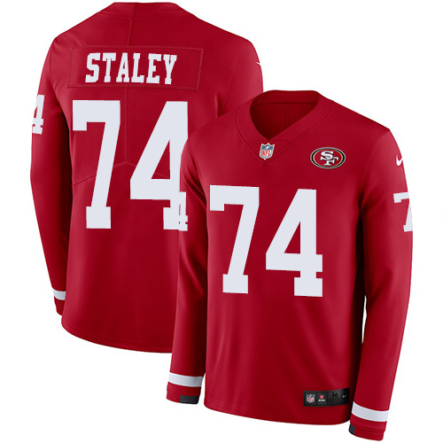 Personalized 49ers #74 Joe Staley Red Team Color Men’s Stitched NFL Limited Therma Long Sleeve Jersey