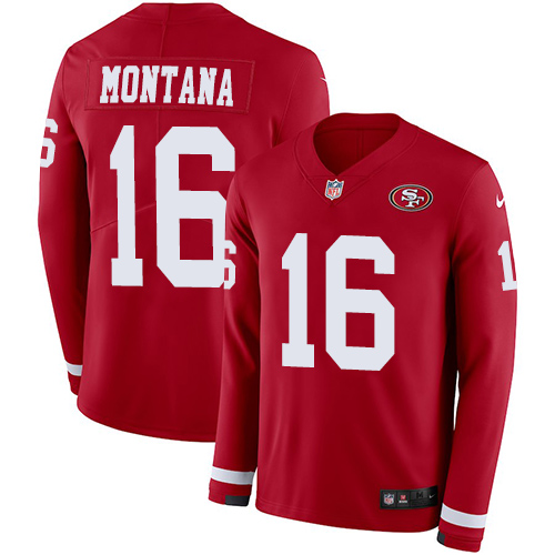 Personalized 49ers #16 Joe Montana Red Team Color Men’s Stitched NFL Limited Therma Long Sleeve Jersey