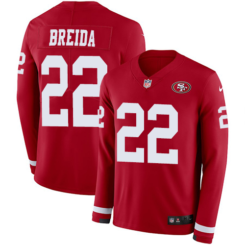 Personalized 49ers #22 Matt Breida Red Team Color Men’s Stitched NFL Limited Therma Long Sleeve Jersey