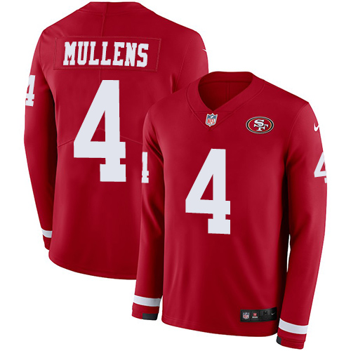 Personalized 49ers #4 Nick Mullens Red Team Color Men’s Stitched NFL Limited Therma Long Sleeve Jersey
