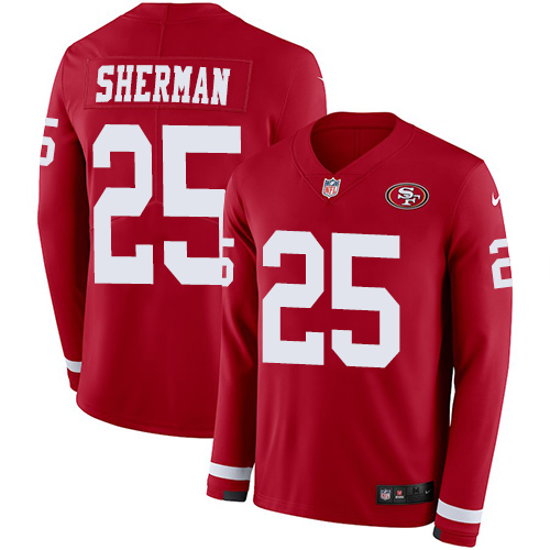 Personalized 49ers #25 Richard Sherman Red Team Color Men’s Stitched NFL Limited Therma Long Sleeve Jersey