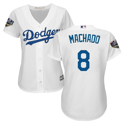 Personalized Dodgers #8 Manny Machado White Home 2018 World Series Women’s Stitched MLB Jersey