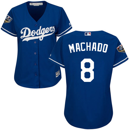 Personalized Dodgers #8 Manny Machado Blue Alternate 2018 World Series Women’s Stitched MLB Jersey
