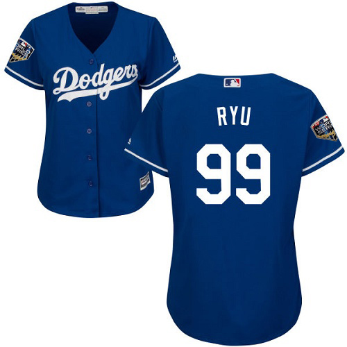 Personalized Dodgers #99 Hyun-Jin Ryu Blue Alternate 2018 World Series Women’s Stitched MLB Jersey
