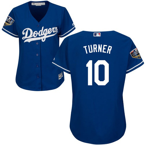 Personalized Dodgers #10 Justin Turner Blue Alternate 2018 World Series Women’s Stitched MLB Jersey