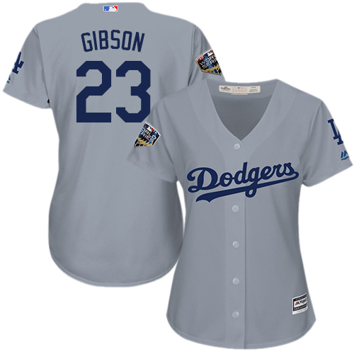 Personalized Dodgers #23 Kirk Gibson Grey Alternate Road 2018 World Series Women’s Stitched MLB Jersey