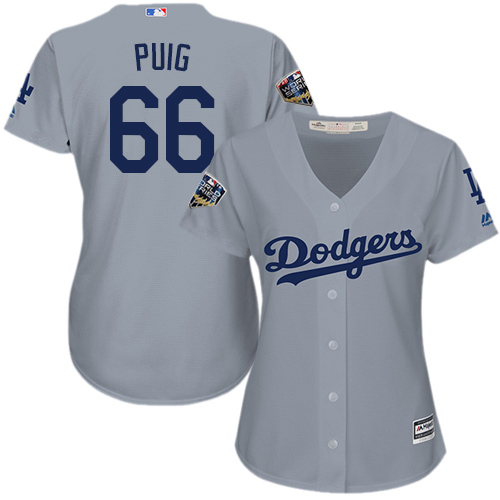 Personalized Dodgers #66 Yasiel Puig Grey Alternate Road 2018 World Series Women’s Stitched MLB Jersey