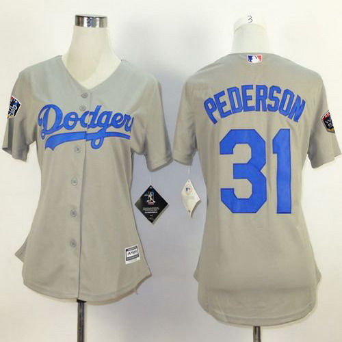Personalized Dodgers #31 Joc Pederson Grey Alternate Road 2018 World Series Women’s Stitched MLB Jersey