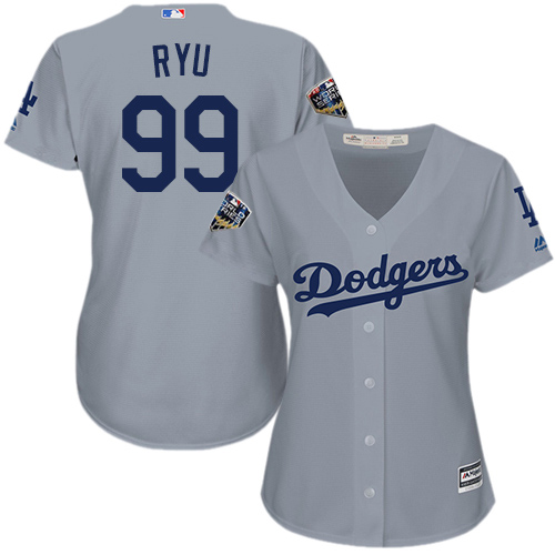 Personalized Dodgers #99 Hyun-Jin Ryu Grey Alternate Road 2018 World Series Women’s Stitched MLB Jersey