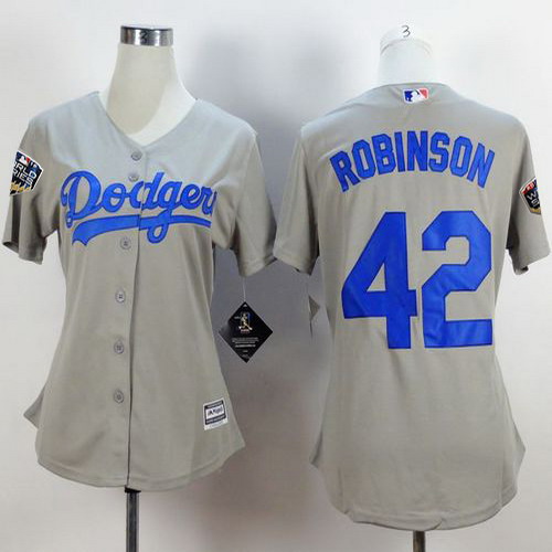 Personalized Dodgers #42 Jackie Robinson Grey Alternate Road 2018 World Series Women’s Stitched MLB Jersey