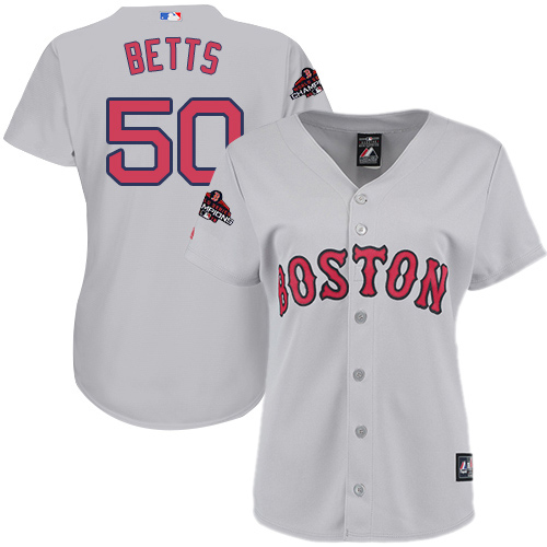 Personalized Red Sox #50 Mookie Betts Grey Road 2018 World Series Champions Women’s Stitched MLB Jersey