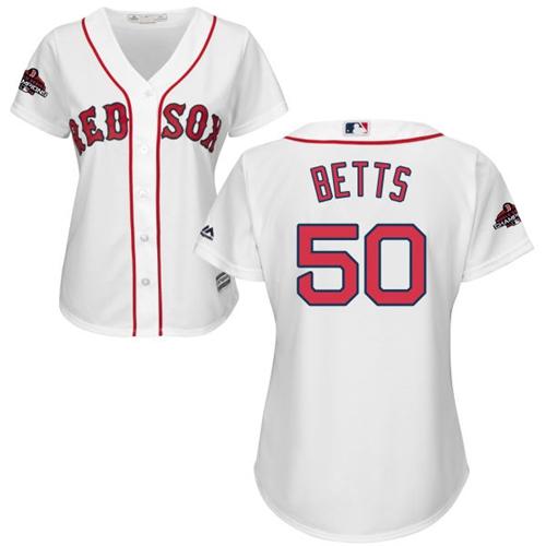Personalized Red Sox #50 Mookie Betts White Home 2018 World Series Champions Women’s Stitched MLB Jersey