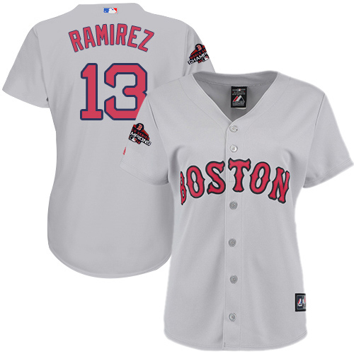 Personalized Red Sox #13 Hanley Ramirez Grey Road 2018 World Series Champions Women’s Stitched MLB Jersey
