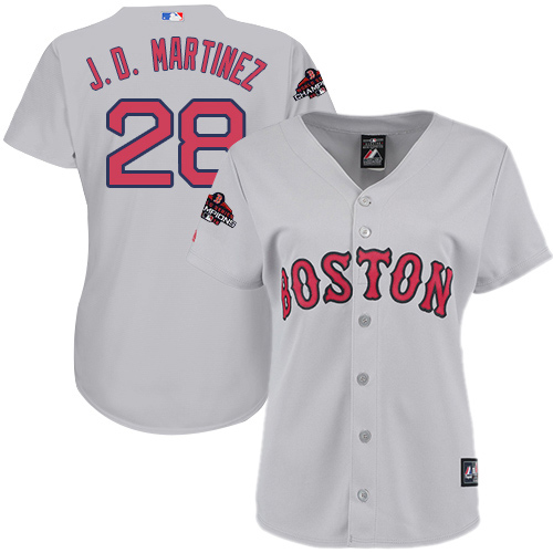 Personalized Red Sox #28 J. D. Martinez Grey Road 2018 World Series Champions Women’s Stitched MLB Jersey