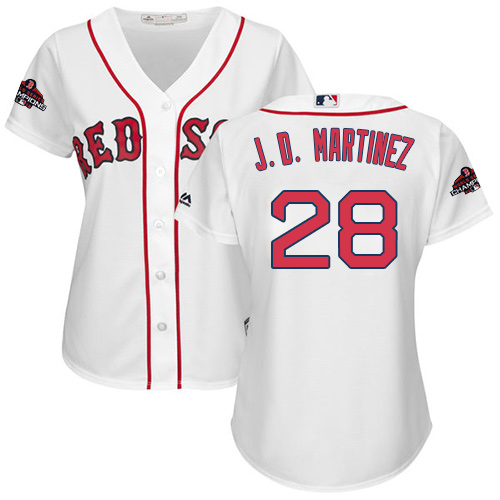 Personalized Red Sox #28 J. D. Martinez White Home 2018 World Series Champions Women’s Stitched MLB Jersey