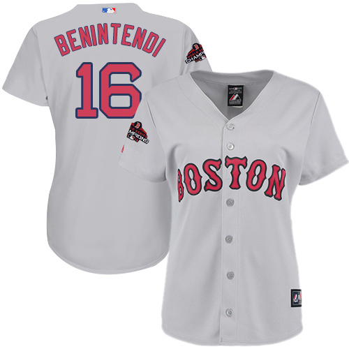 Personalized Red Sox #16 Andrew Benintendi Grey Road 2018 World Series Champions Women’s Stitched MLB Jersey