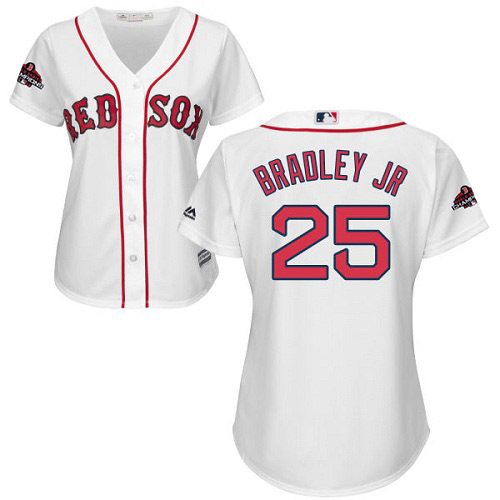 Personalized Red Sox #25 Jackie Bradley Jr White Home 2018 World Series Champions Women’s Stitched MLB Jersey