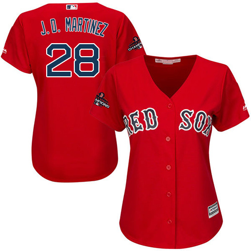Personalized Red Sox #28 J. D. Martinez Red Alternate 2018 World Series Champions Women’s Stitched MLB Jersey