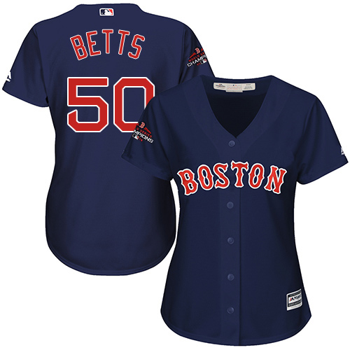 Personalized Red Sox #50 Mookie Betts Navy Blue Alternate 2018 World Series Champions Women’s Stitched MLB Jersey