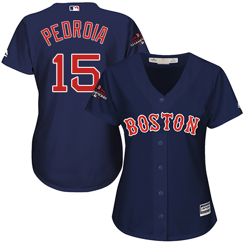 Personalized Red Sox #15 Dustin Pedroia Navy Blue Alternate 2018 World Series Champions Women’s Stitched MLB Jersey