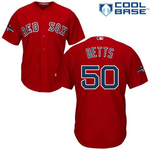 Personalized Red Sox #50 Mookie Betts Red New Cool Base 2018 World Series Champions Stitched MLB Jersey