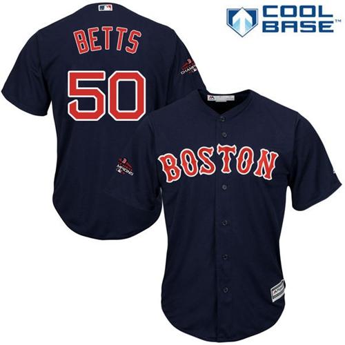 Personalized Red Sox #50 Mookie Betts Navy Blue New Cool Base 2018 World Series Champions Stitched MLB Jersey