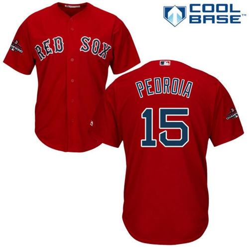 Personalized Red Sox #15 Dustin Pedroia Red New Cool Base 2018 World Series Champions Stitched MLB Jersey
