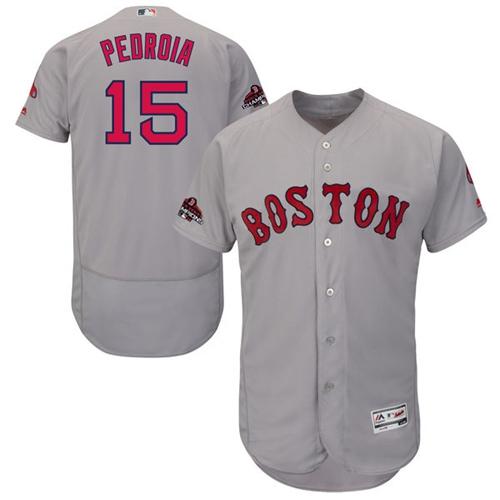 Personalized Red Sox #15 Dustin Pedroia Grey Flexbase Authentic Collection 2018 World Series Champions Stitched MLB Jersey