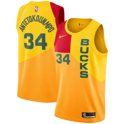 Personalized Bucks 34 Giannis Antetokounmpo Yellow 2018-19 City Edition Swingman Jersey