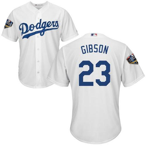 Personalized Dodgers #23 Kirk Gibson White Cool Base 2018 World Series Stitched Youth MLB Jersey