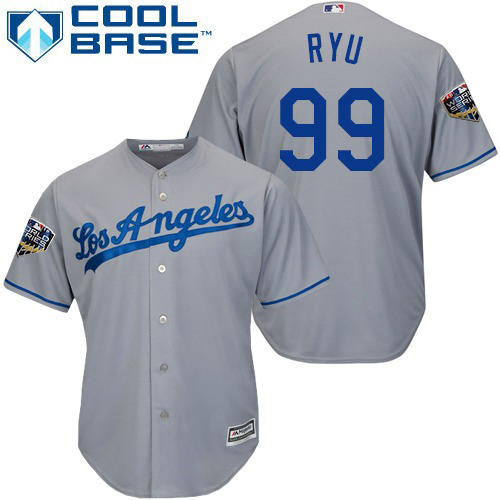 Personalized Dodgers #99 Hyun-Jin Ryu Grey Cool Base 2018 World Series Stitched Youth MLB Jersey