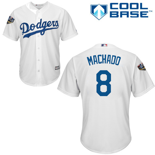 Personalized Dodgers #8 Manny Machado White Cool Base 2018 World Series Stitched Youth MLB Jersey