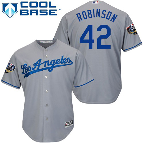 Personalized Dodgers #42 Jackie Robinson Grey Cool Base 2018 World Series Stitched Youth MLB Jersey