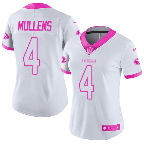 Personalized Women’s 49ers #4 Nick Mullens White Pink Women’s Stitched NFL Limited Rush Fashion Jersey