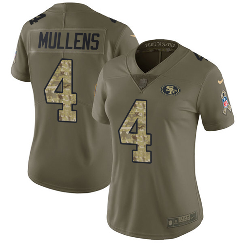 Personalized Women’s 49ers #4 Nick Mullens Olive Camo Women’s Stitched NFL Limited 2017 Salute to Service Jersey