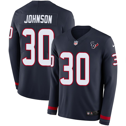 Personalized Texans #30 Kevin Johnson Navy Blue Team Color Men’s Stitched NFL Limited Therma Long Sleeve Jersey