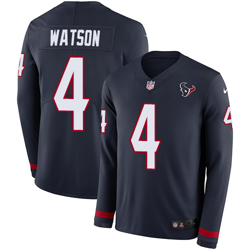 Personalized Texans #4 Deshaun Watson Navy Blue Team Color Men’s Stitched NFL Limited Therma Long Sleeve Jersey