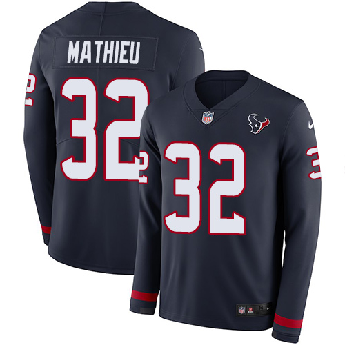 Personalized Texans #32 Tyrann Mathieu Navy Blue Team Color Men’s Stitched NFL Limited Therma Long Sleeve Jersey