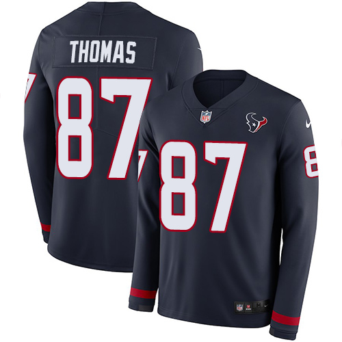 Personalized Texans #87 Demaryius Thomas Navy Blue Team Color Men’s Stitched NFL Limited Therma Long Sleeve Jersey