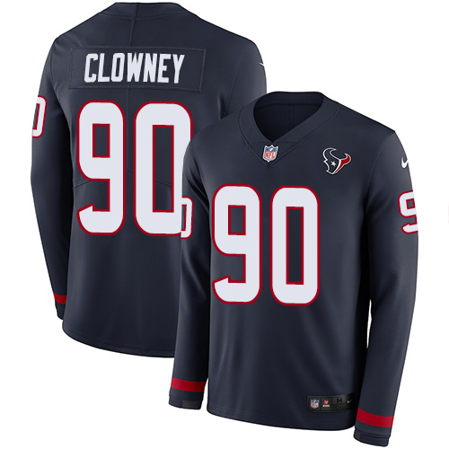 Personalized Texans #90 Jadeveon Clowney Navy Blue Team Color Men’s Stitched NFL Limited Therma Long Sleeve Jersey