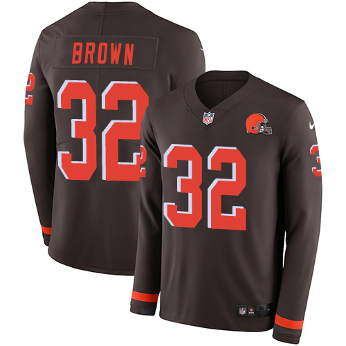 Personalized Browns #32 Jim Brown Brown Team Color Men’s Stitched NFL Limited Therma Long Sleeve Jersey
