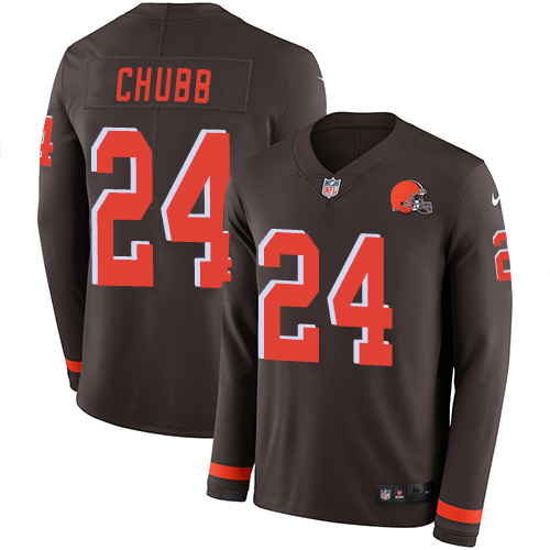 Personalized Browns #24 Nick Chubb Brown Team Color Men’s Stitched NFL Limited Therma Long Sleeve Jersey