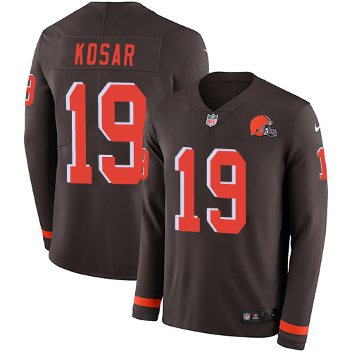 Personalized Browns #19 Bernie Kosar Brown Team Color Men’s Stitched NFL Limited Therma Long Sleeve Jersey